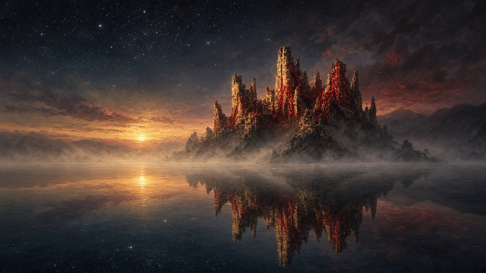 A ruined castle of gold and blood rising from mist at the edge of a still lake, sunrise sketched against a dark sky.