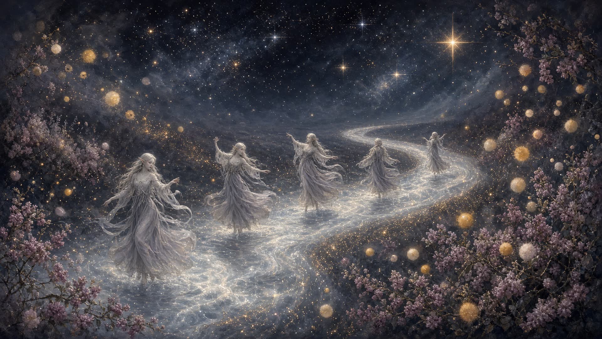 Muelves dancing a few steps apart on a nightfall stream, faces smooth and faintly frowning, under a sky of foreign stars.