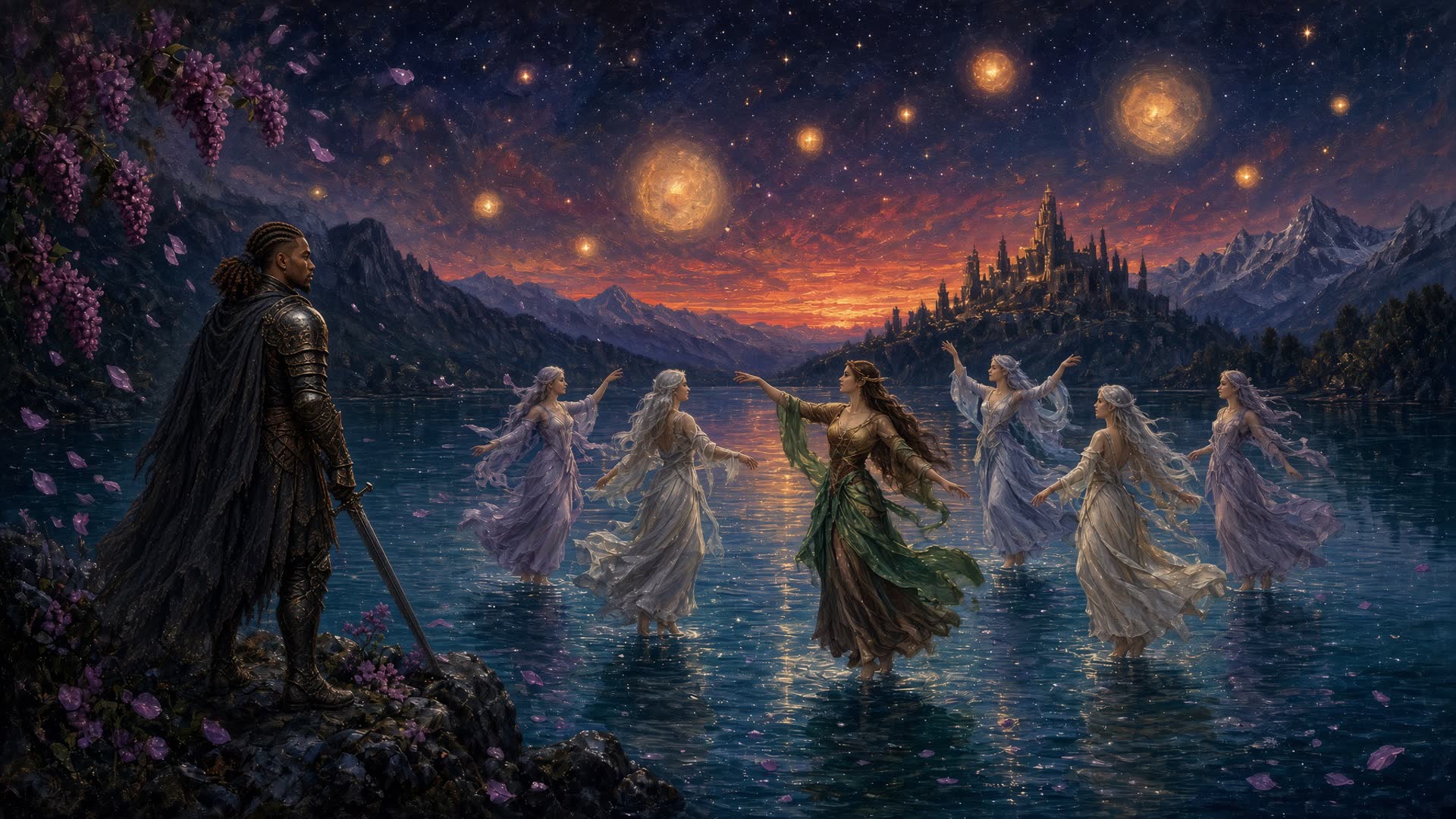 Razorblade, an African American warrior with long brown cornrows ending in mini afro puffs, stands on the rocky shore of Middle Lake while six muelves dance on the crystal water under enormous foreign stars.