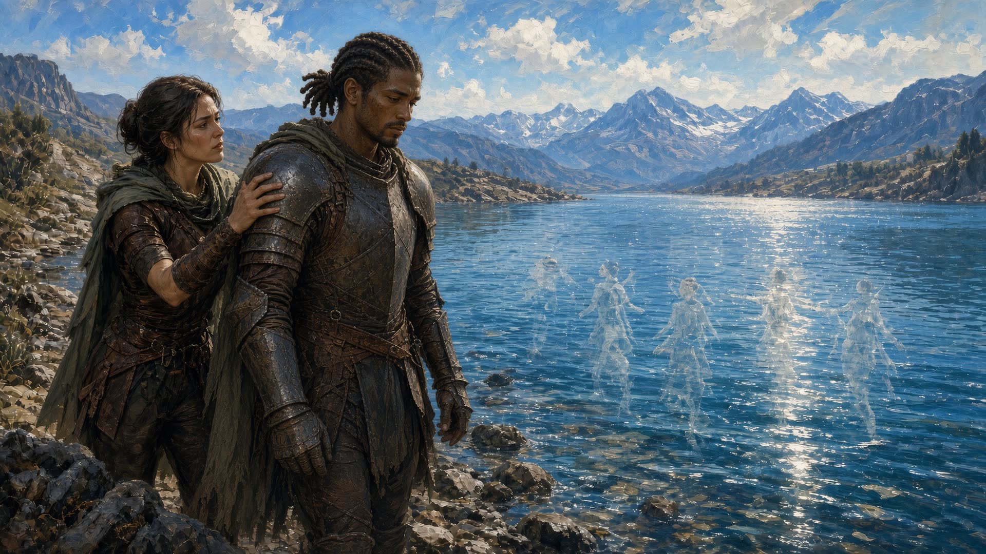 Sunick Gurl studies Razorblade’s empty expression on the midday shore of Middle Lake. He is an African American warrior with long brown cornrows ending in mini afro puffs; faint apparitions of muelves shimmer only in the water.
