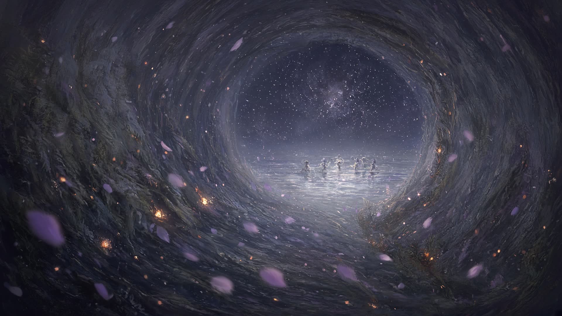 A dim tunnel of colorless water opening onto foreign stars, mulberry petals drifting in the current.